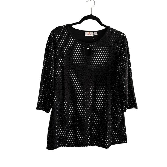 Quacker Factory Sz L Black Polka Dot Pearl Charm Keyhole 3/4 Sleeve T-Shirt NWOT - Picture 1 of 11